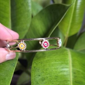 14k Gold Plated Evil Eye Bangle Bracelet with Multicolor Accents
